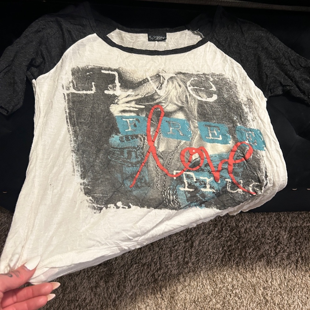 Daytrip Black & White Raglan Tee with Teal and Red Graphic